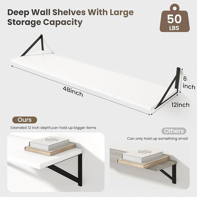 Marsmiles Deep Floating Shelves | 48 Inch White Wood Wall Shelves Set of 2 | 12 - Image 3