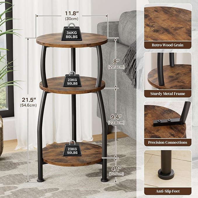 Small Round Side Table for Small Spaces, 3-Tier End Table - Image 3