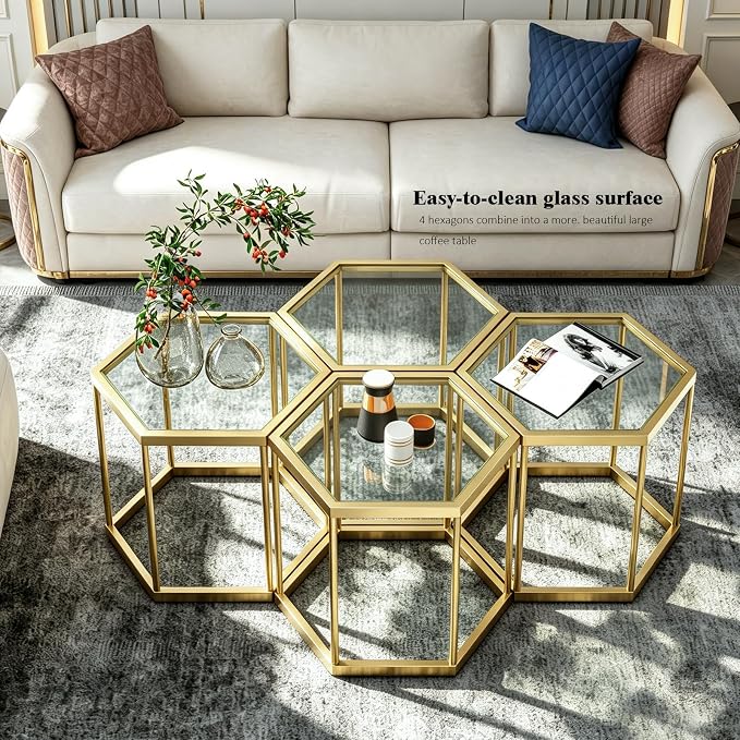 Hexagonal Modular Coffee Table, Tempered Glass Top, Geometric Accent Side Table - Image 3