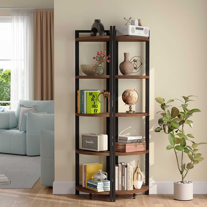 FATORRI Tall Corner Shelf, Industrial Corner Bookshelf, Wood and Metal Corner - Image 7