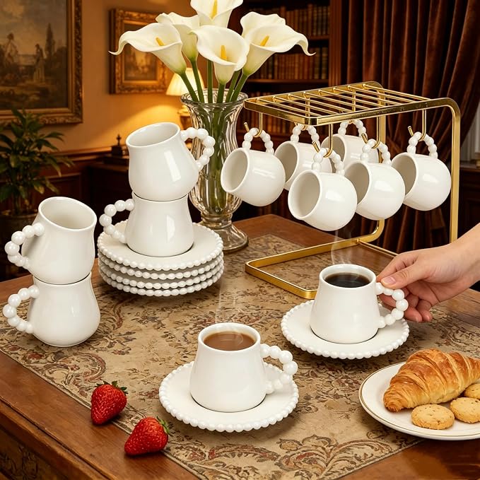 Coffee Cup Set of 6 with Saucers, 3.5 OZ Ceramic Espresso Cups, Demitasse - Image 4