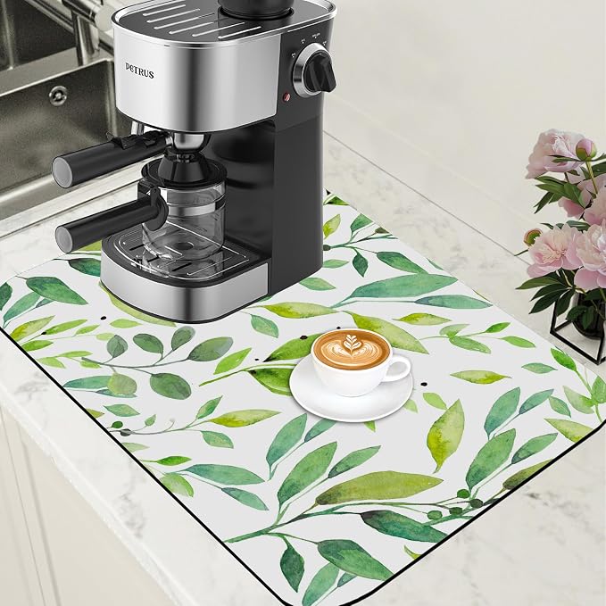Dish Drying Mat Watercolor Green Leaves Coffee Bar Mat by Unknown