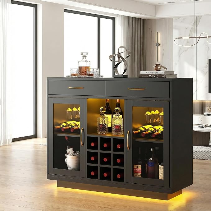 knoworld Wine Bar Cabinet with LED Lights, Coffee Bar Cabinet with Glass Rack - Image 3