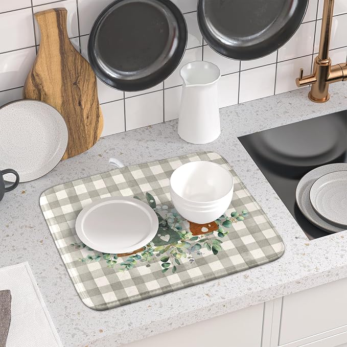 Spring Bunny Dish Drying Mats for Kitchen Counter, Rabbits Leaves Grey Buffalo - Image 6