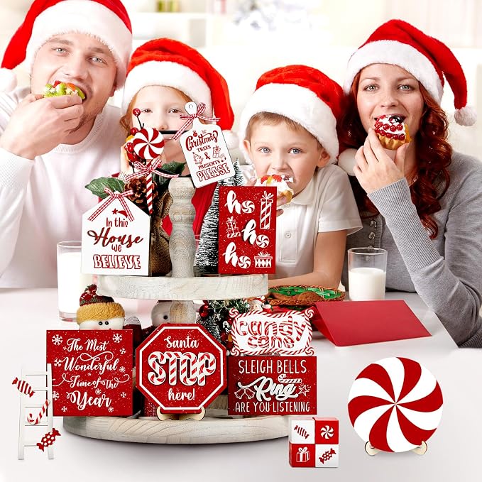 Mifoci 14 Pcs Christmas Tiered Tray Decor Rustic Christmas Decorations Snowman - Image 2