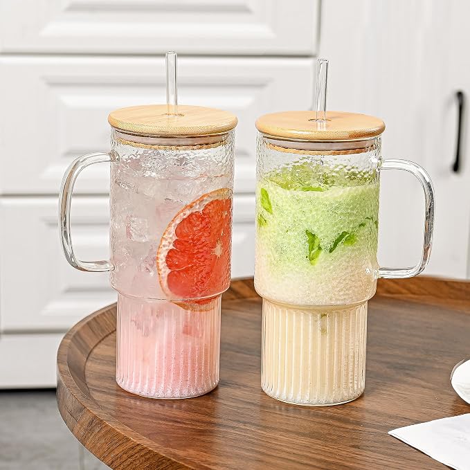 32oz Glass Cups with Handle and Bamboo Lids and Straws, 2 Pack Borosilicate - Image 3