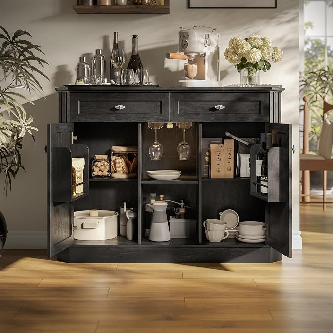 47" Wine Bar Cabinet with LED Light & Power Outlets, 2 Door Coffee Bar Cabinet - Image 3