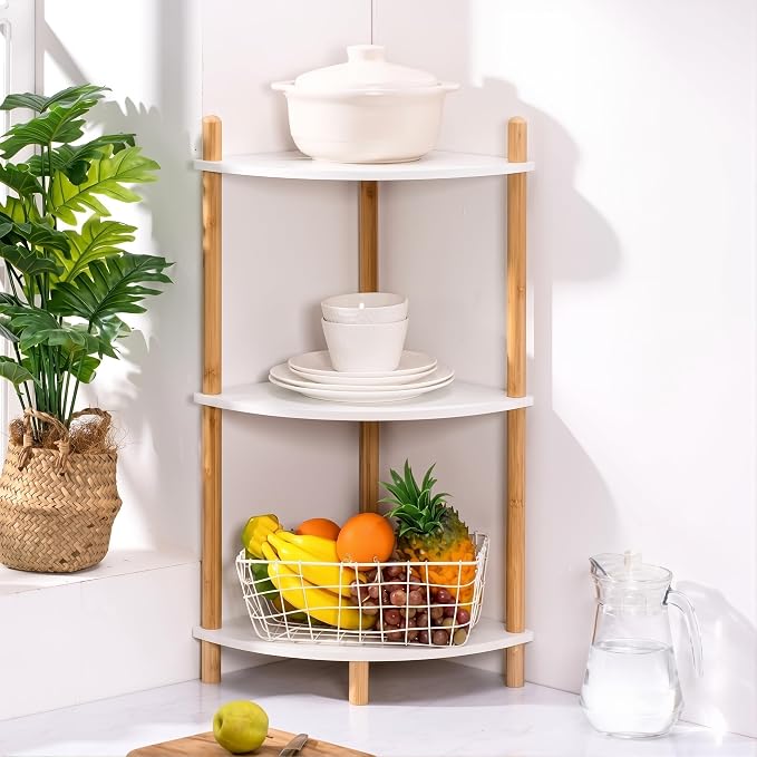 3-Tier Expandable Bamboo Corner Shelf Stand, Corner Bookshelf, Display Storage by WooFawn
