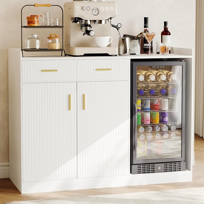 Garvee Coffee Bar Cabinet with Fridge Space, Fluted Wine Cabinet with Charging by Garvee