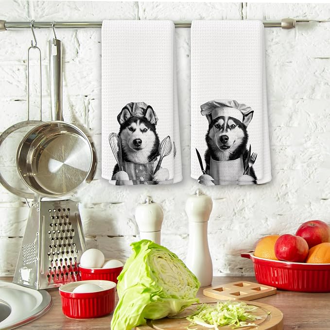 Funny Chef Siberian Husky Kitchen Towels Set of 2, Husky Lovers Gifts Dish Tea - Image 3