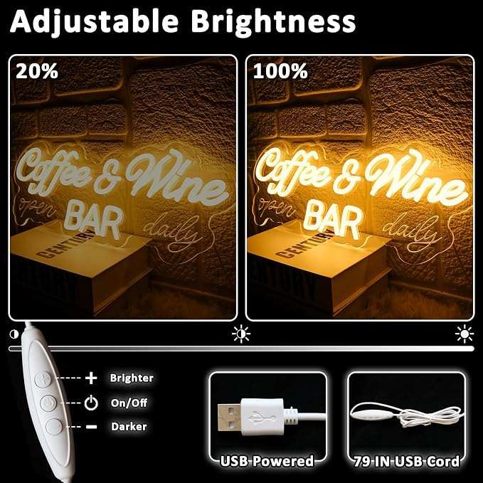 Coffee & Wine Neon Sign for Wall Decor Dimmable 16.54" x 6.54" Led Sign for - Image 3