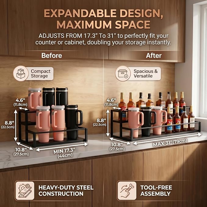 Expandable Coffee Syrup Organizer, 2-Tier Carbon Steel Stanley Cup Holder - Image 2