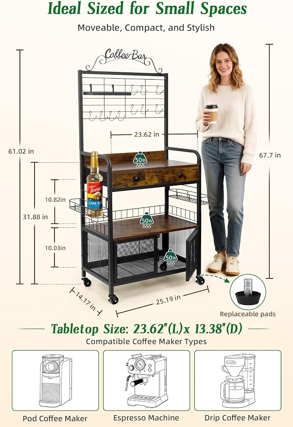 Rolling Coffee Bar Cart for Small Spaces, Coffee Station Cabinet - Image 4