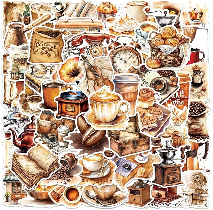 50PCS Vintage Coffee Sticker Pack, Waterproof Vinyl Coffee Journal Decals by Unknown