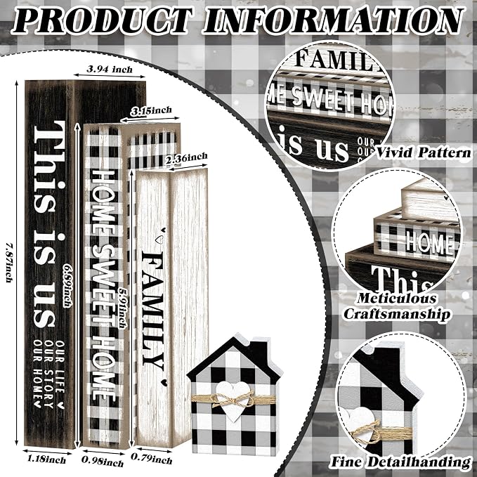 Amyhill 4 Pcs Home Sweet Tabletop Decor Set Black and White Farmhouse Wooden - Image 3