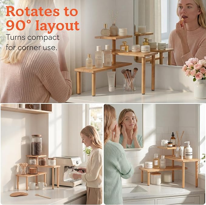 HOMESTEAD 3-Tier Bamboo Corner Shelf Organizer, 90° or 180° Layout Countertop - Image 6