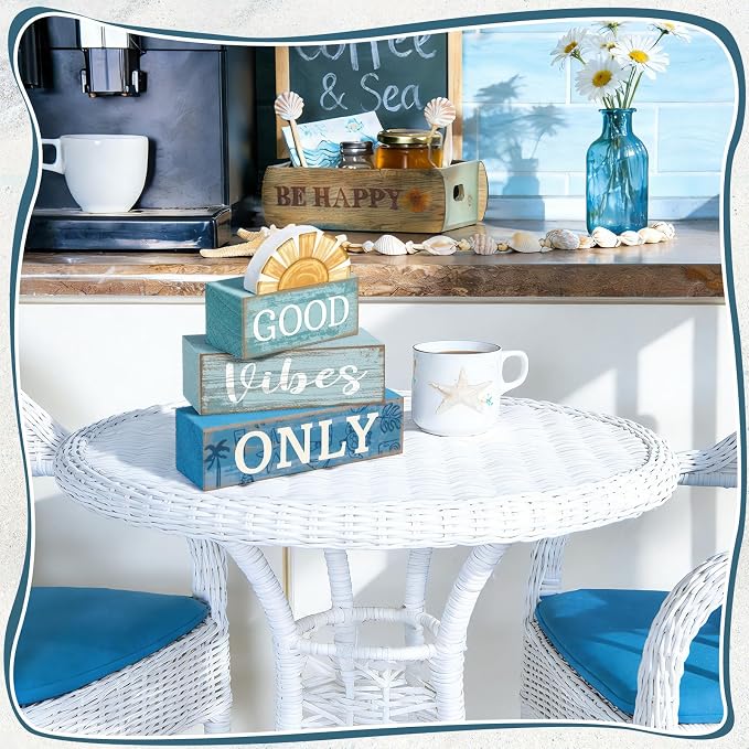 Lineshading 4 Pcs Beach Themed Table Decor Good Vibes Only Wood Block Sign - Image 5