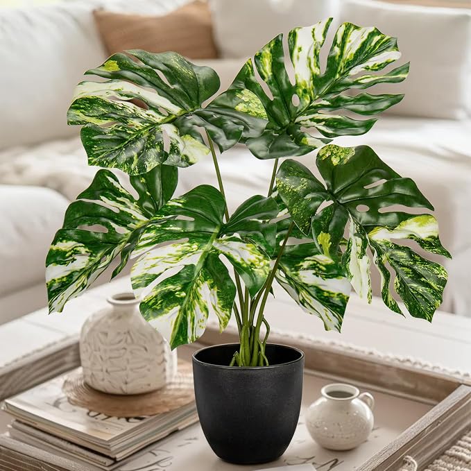 Briful Fake Plants Variegated Monstera Leaves Faux Plant Indoor in Black Pot - Image 4