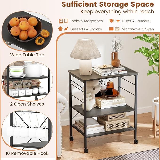 Giantex Kitchen Bakers Rack 3-Tier Microwave Cart on Wheels, Industrial Utility - Image 8