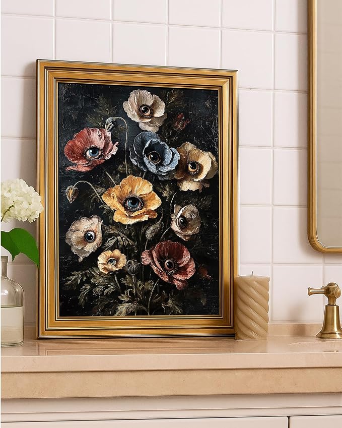 ARPEOTCY Gold Framed Canvas Wall Art, Surreal Gothic Poppy Flowers - Image 2