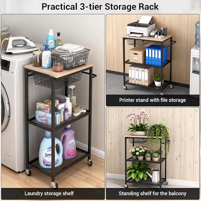 Rolling Kitchen Cart with Wood Tabletop, 3 Tier Mobile Utility Cart with - Image 3