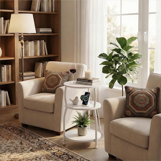 Round Side Table with Power Outlet & USB Ports, 3-Tier End Table with Storage - Image 6