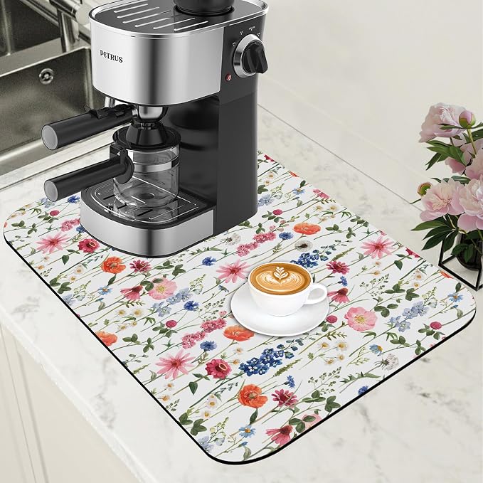 Watercolor Flowers Coffee Mat Absorbent Dish Drying Mat by Unknown