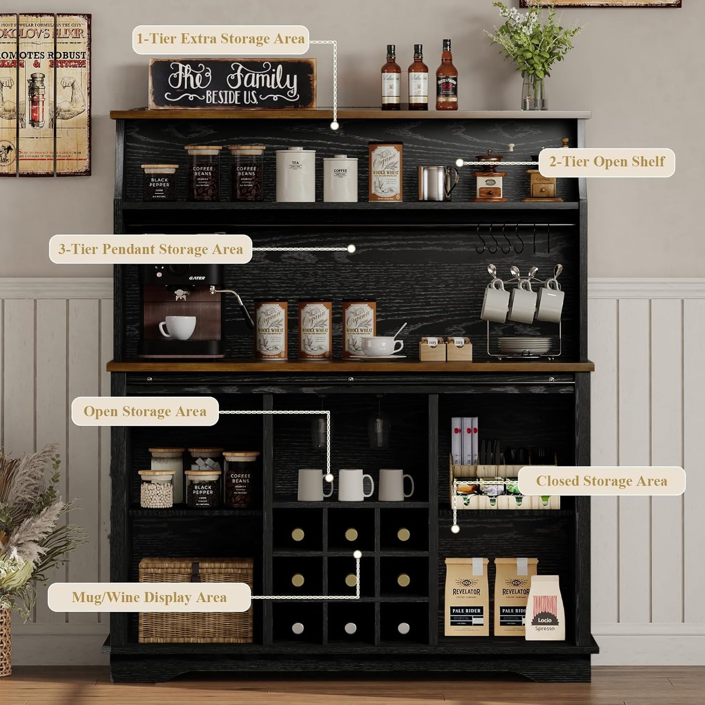 47 Inch Farmhouse Coffee Bar Cabinet with 3-Tier Storage, Kitchen Hutch with 9 Wine Racks & 3 Glass Holders, Coffee Bar with 6 Hooks, Wine Bar Cabinet for Dining Living Room, Black