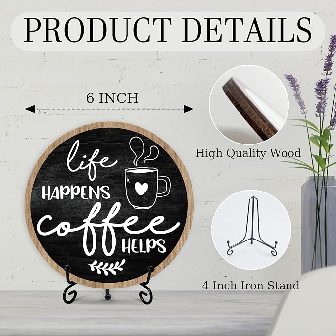 Coffee Bar Sign, Round Wooden Plaque, 6 Inches, Modern Style, Tabletop Mount - Image 2