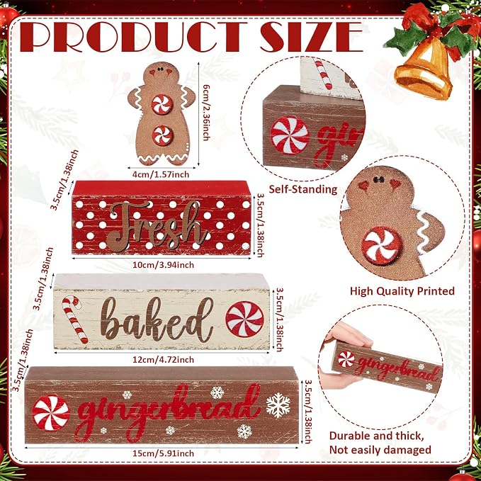 Geelin 4 Pcs Wooden Christmas Tabletop Decor Gingerbread Man Tiered Tray Decor - Image 4