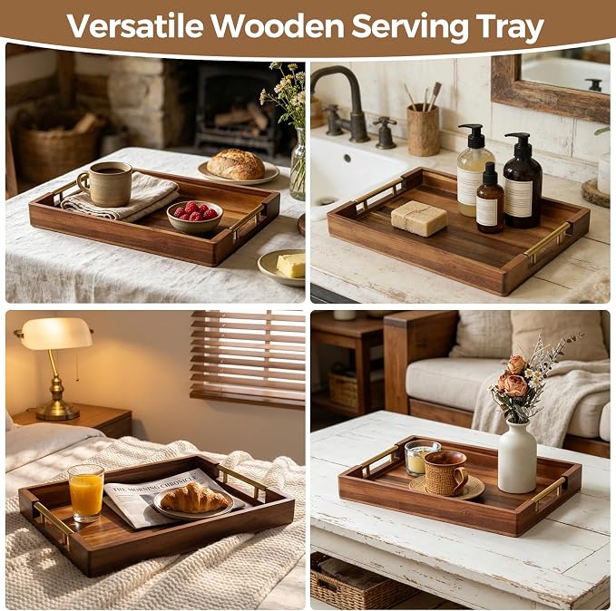 Acacia Wood Serving Tray with Golden Handles, 17x12 in Large Wooden Tray - Image 6