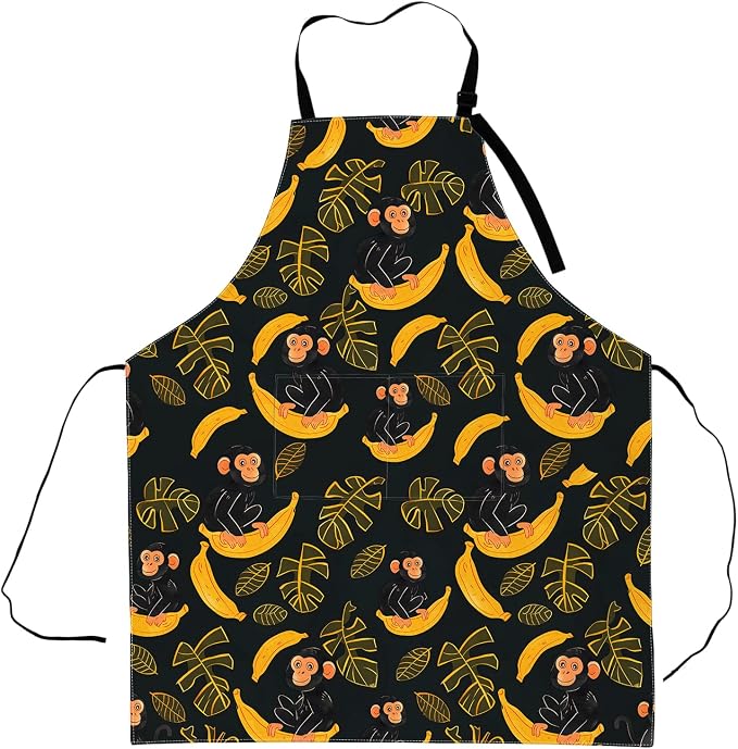 Cartoon Monkey and Banana Apron, Adjustable Waterproof Oxford Fabric Kitchen by Zeleda