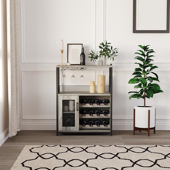 3-Tier Wine Bar Cabinet with LED Lights & Wine Rack, Wine Cabinet with Storage - Image 6