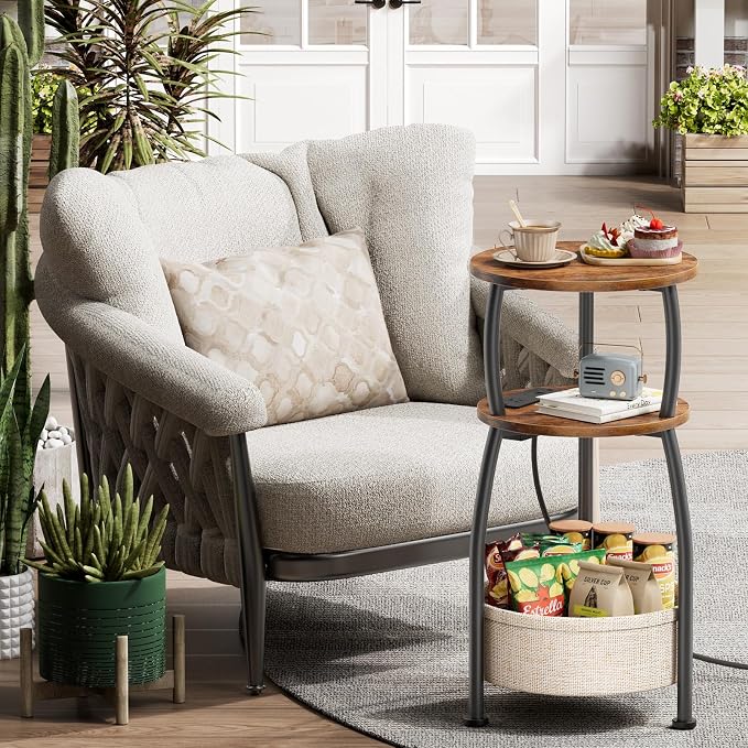 Side Table with Charging Station, Small Round End Table with Basket, USB and - Image 8