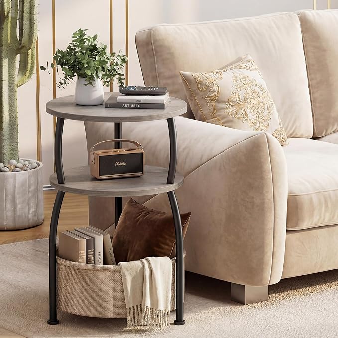 Round Side Table with Storage Basket, End Table Living Room, Greige | Round End - Image 2