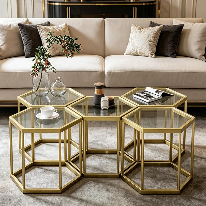 Hexagonal Modular Coffee Table, Tempered Glass Top, Geometric Accent Side Table - Image 5