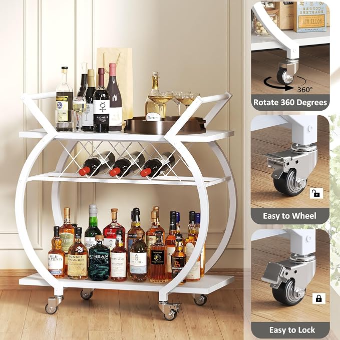 LVB White Bar Cart, Modern Rolling Serving Wine Cart - Image 6