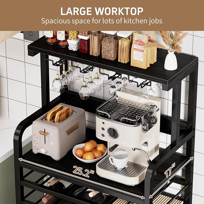 Mini Fridge Stand with Power Outlet, Microwave Stand with Wine Rack, Coffee bar - Image 7