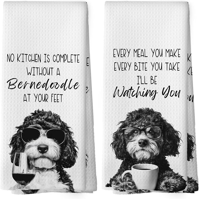 Funny Bernedoodle Kitchen Towels Set of 2, Dog Kitchen Accessories, Coffee Wine by Mcehtle