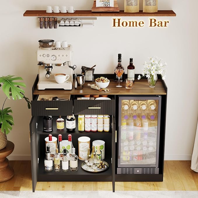 Garvee Coffee Bar Cabinet with Fridge Space, Fluted Wine Cabinet with Charging - Image 7