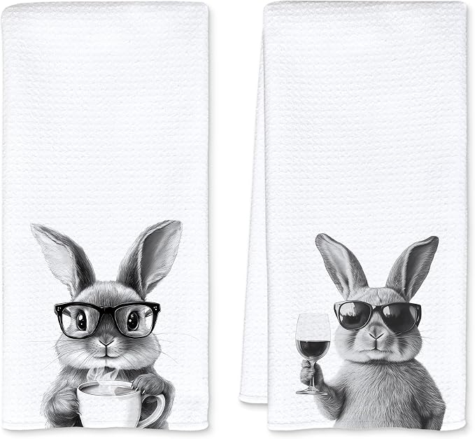 Funny Bunny Kitchen Towels Set of 2, Funny Kitchen Decor, Coffee Station Wine by Unknown