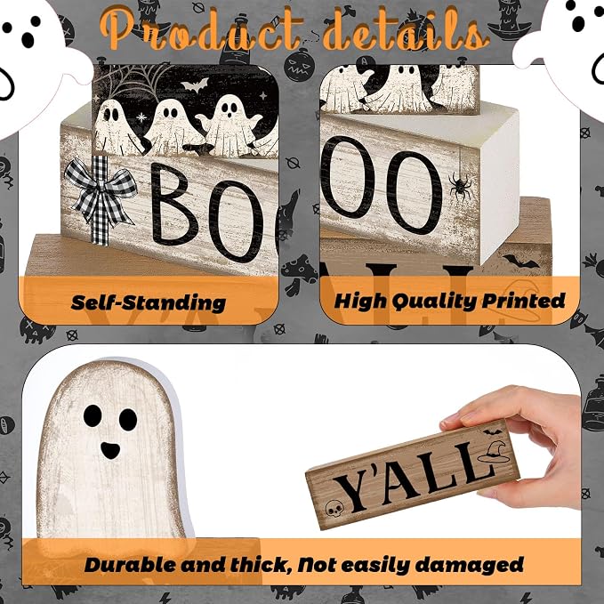 Lineshading 4 Pcs Halloween Table Decoration Wooden Ghost Tiered Tray - Image 5
