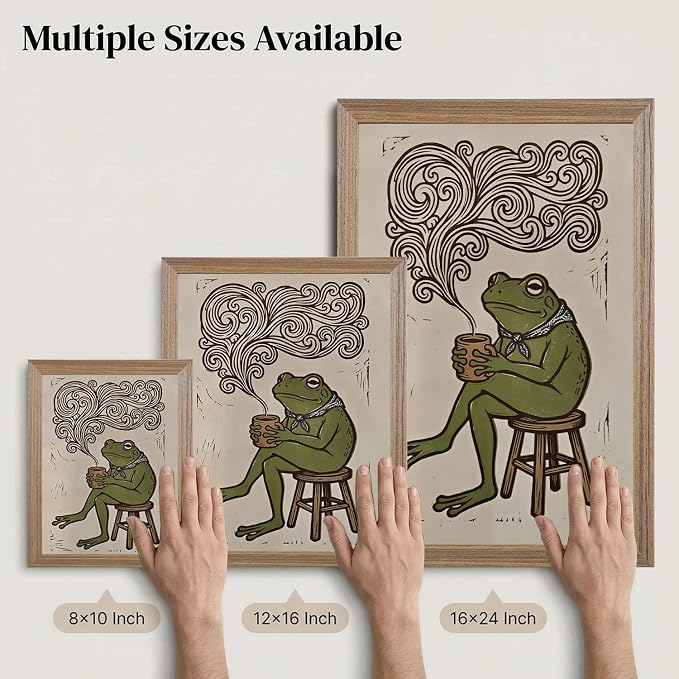 JQ7OL Whimsical Wall Art Frog Drinking Coffee Wall Art Wood Framed Funny - Image 5