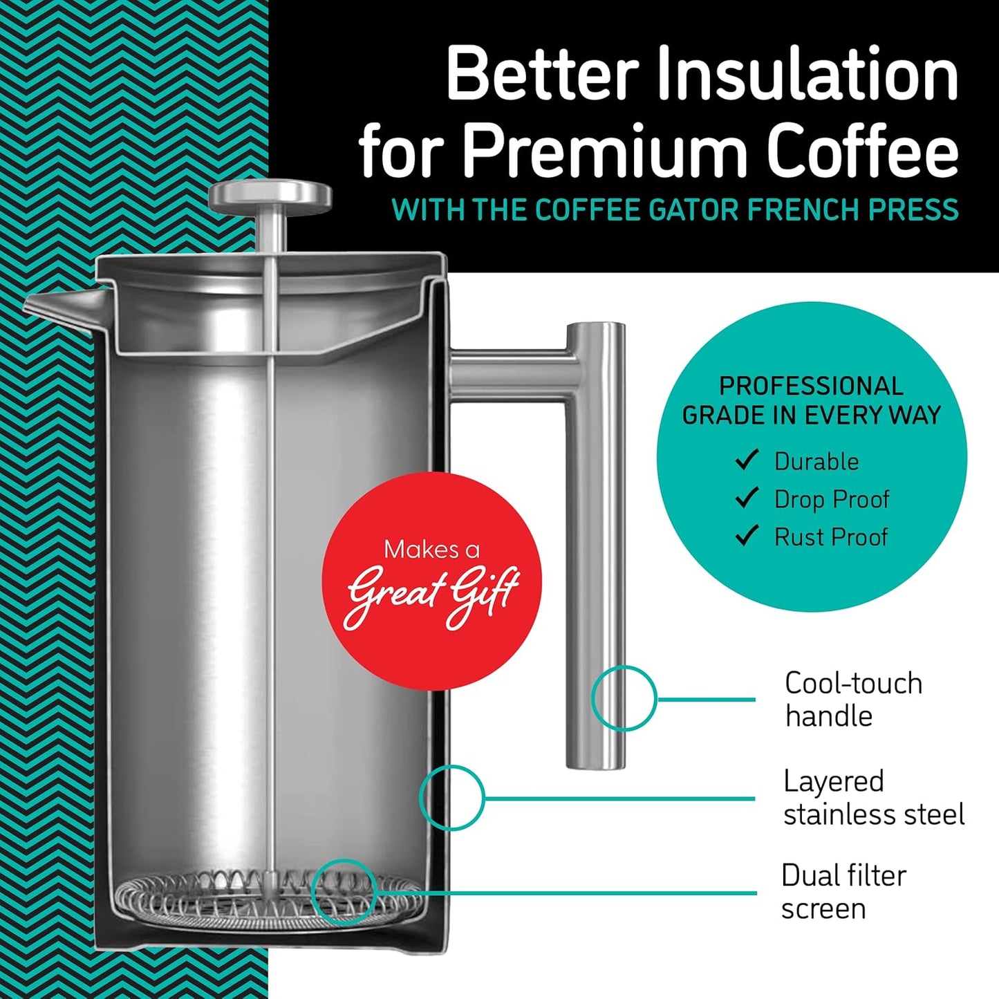Coffee Gator French Press Coffee Maker 34oz, Double Insulated Stainless Steel Brewer plus Travel Jar Canister, Portable Hot Cold Brew Tea for Coffee Bar Accessories Kitchen Camping, Orange