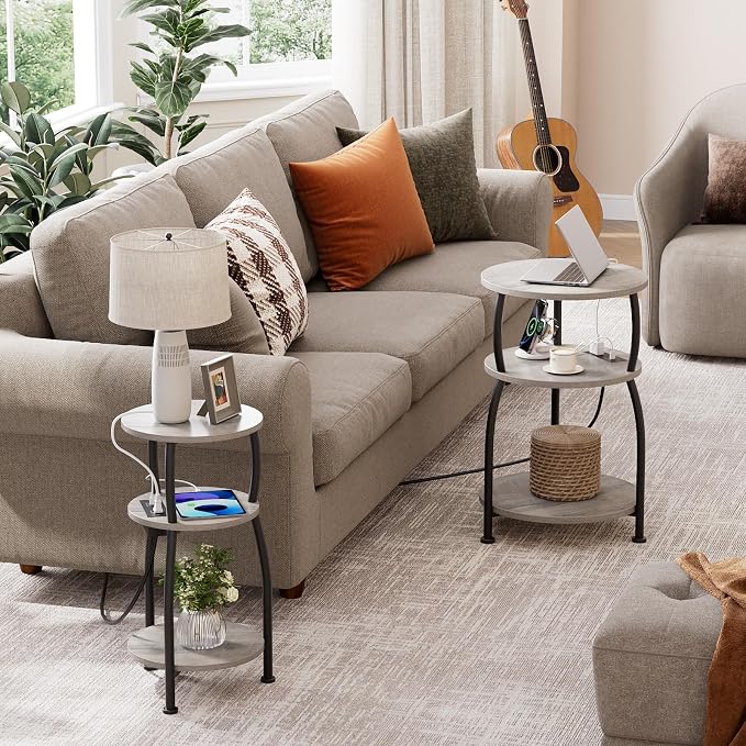 Round Side Table with Power Outlet & USB Ports, 3-Tier End Table with Storage - Image 7