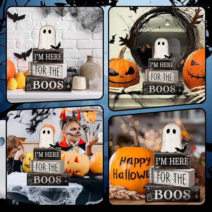 Lineshading 4 Pcs Halloween Table Decoration Wooden Ghost Tiered Tray Decor - Image 5