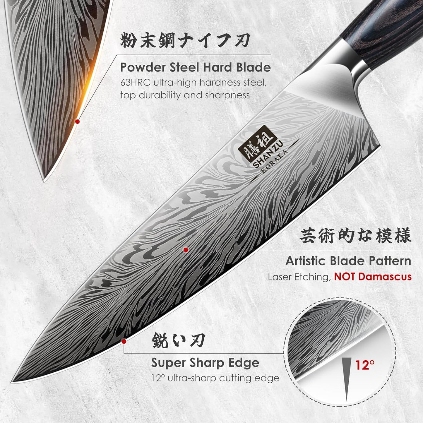 SHAN ZU 3PCS Kitchen Knife Set,Chef Knife Sets in Powder Steel, Ultra Sharp Japanese Knives Set High Carbon Steel Knives Sets, Cooking Knives Set with Ergonomic Pakkawood Handle