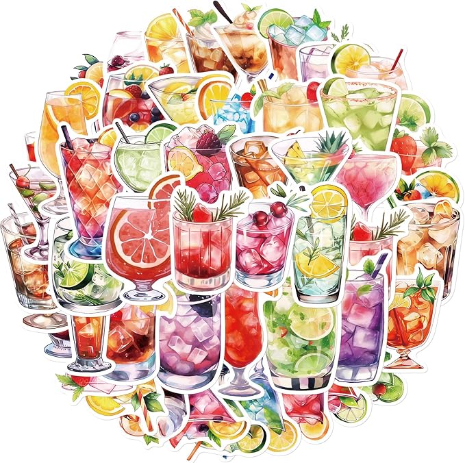50 Packs Cocktails Stickers Water Bottles Laptop Phone Computer Guitar by Unknown