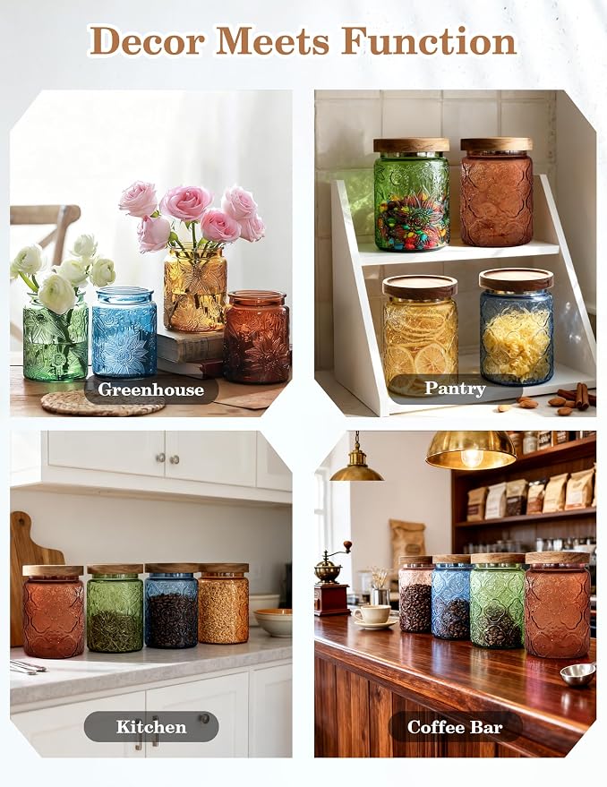 Glass Jars with Airtight Wood Lids – 4 PC 24 OZ Vintage Storage Canisters Set - Image 5