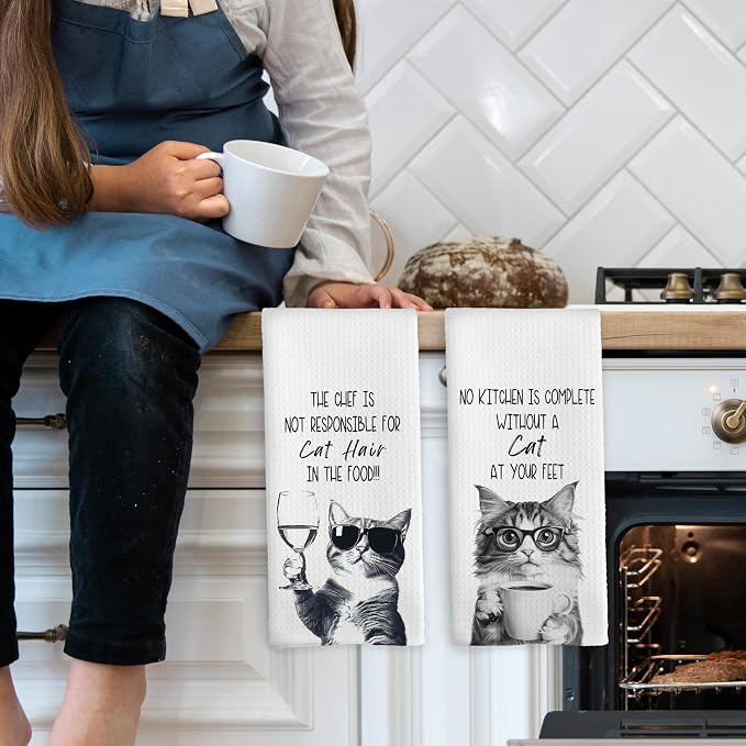 Funny Cat Kitchen Towels Set of 2, Cats Kitchen Accessories, Coffee Wine - Image 3